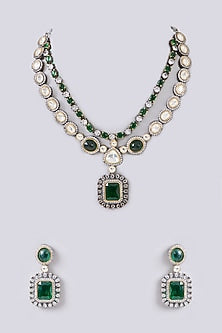 White Finish Green American Diamond Necklace Set