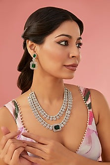 White Rhodium Finish American Diamond & Green Zircon Necklace Set