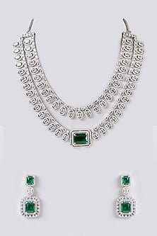 White Rhodium Finish American Diamond & Green Zircon Necklace Set