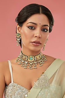Gold Finish Kundan Polki & Beaded Choker Necklace Set