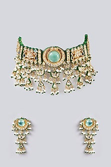 Gold Finish Kundan Polki & Beaded Choker Necklace Set