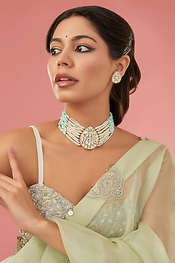 Gold Finish Kundan Polki & Beaded Choker Necklace Set