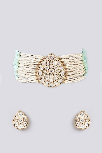 Gold Finish Kundan Polki & Beaded Choker Necklace Set