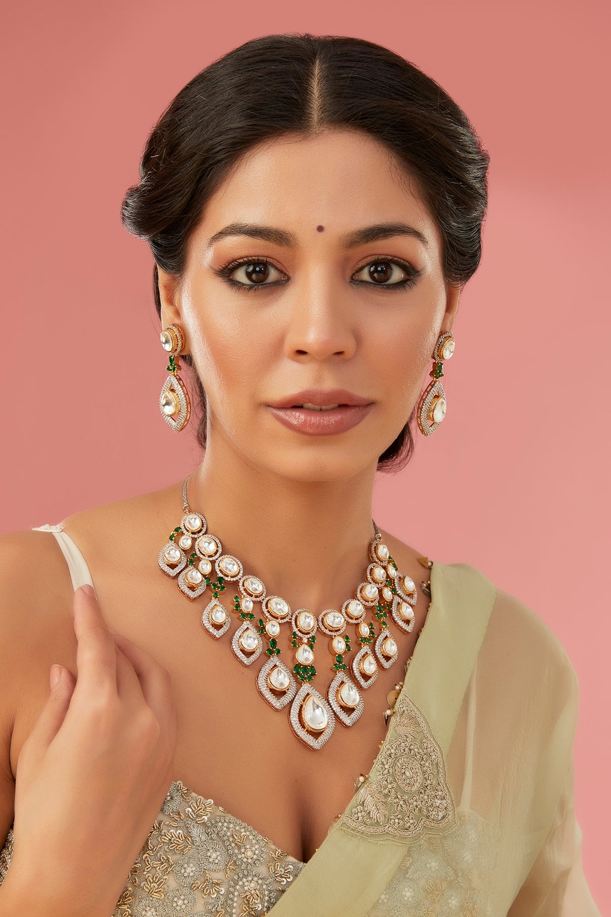 White Finish Kundan Polki & Green Zircon Layered Necklace Set