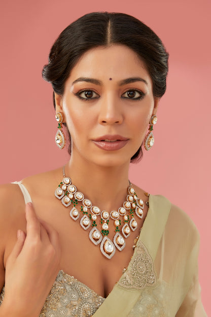 White Finish Kundan Polki & Green Zircon Layered Necklace Set