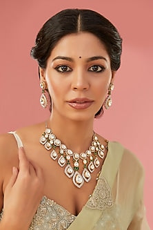 White Finish Kundan Polki & Green Zircon Layered Necklace Set
