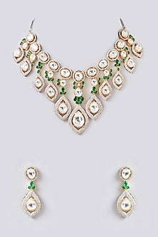 White Finish Kundan Polki & Green Zircon Layered Necklace Set
