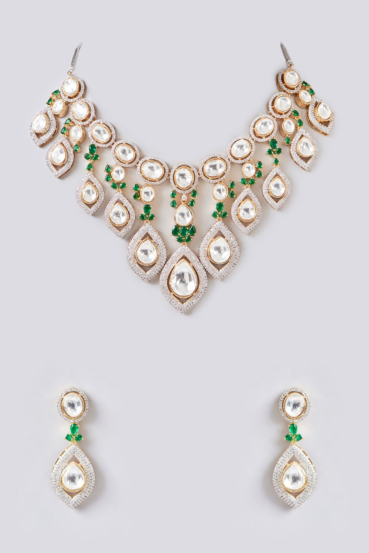 White Finish Kundan Polki & Green Zircon Layered Necklace Set