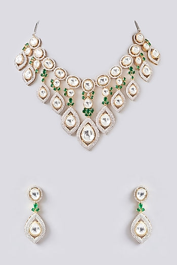 White Finish Kundan Polki & Green Zircon Layered Necklace Set