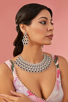 White Rhodium Finish American Diamond & Blue Zircon Necklace Set
