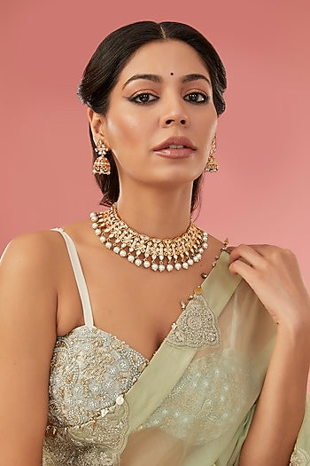 Gold Finish Kundan Polki & Green Beaded Necklace Set