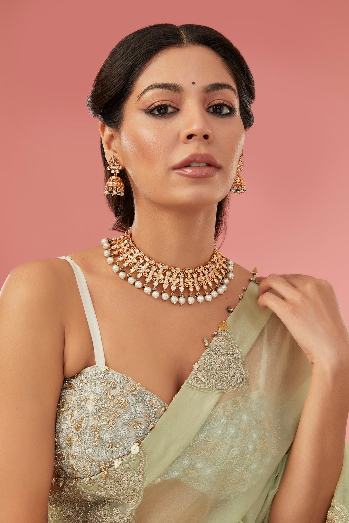 Gold Finish Kundan Polki & Green Beaded Necklace Set