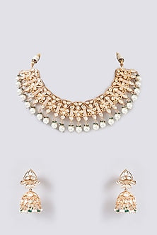 Gold Finish Kundan Polki & Green Beaded Necklace Set