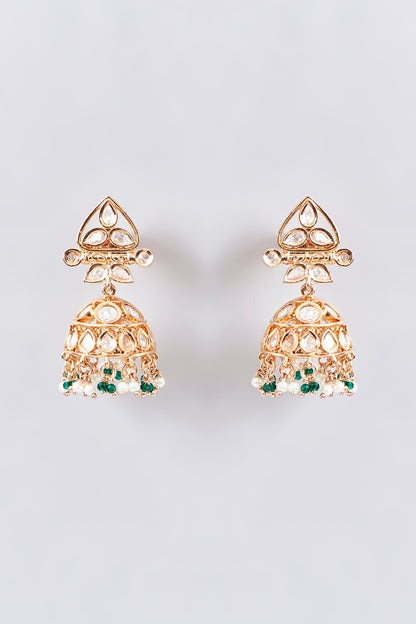 Gold Finish Kundan Polki & Green Beaded Necklace Set