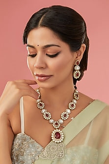 Gold Finish Red Kundan Polki Long Necklace Set
