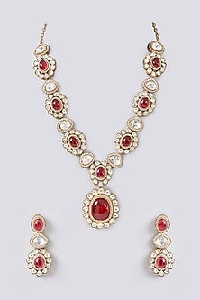 Gold Finish Red Kundan Polki Long Necklace Set