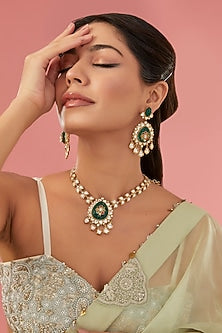 Gold Finish Green Kundan Polki Long Necklace Set