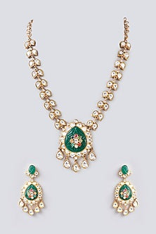 Gold Finish Green Kundan Polki Long Necklace Set