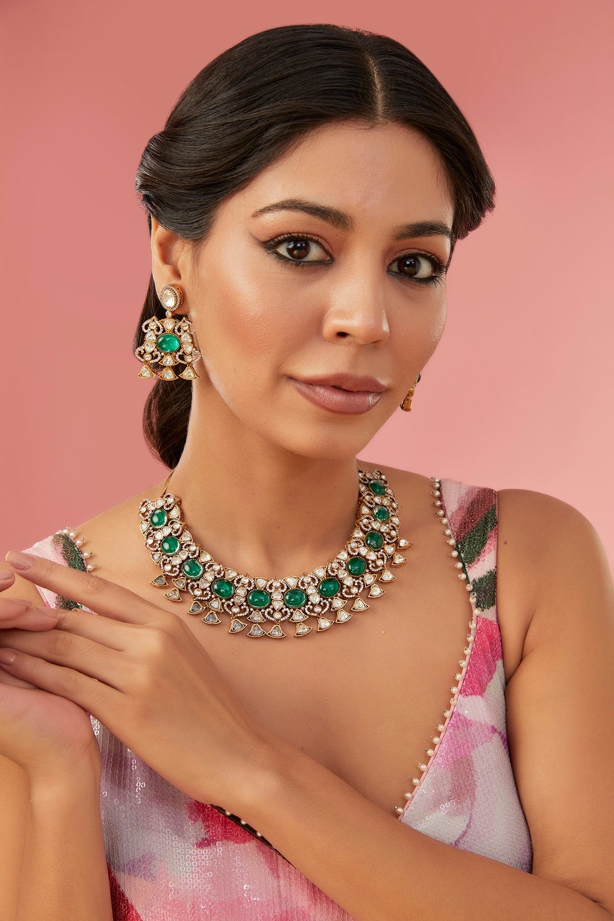 Gold Finish Kundan Polki Necklace Set