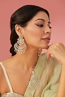 Gold Finish Crystal & Kundan Polki Chandbali Earrings