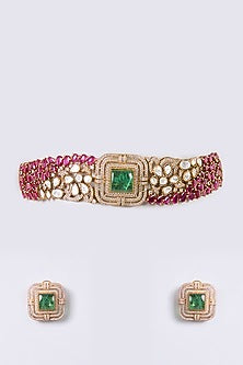 Gold Finish Zircon & Ruby Stone Necklace Set