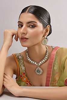 Gold Finish Kundan Polki & Green Onyx Necklace Set