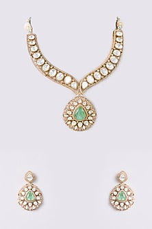 Gold Finish Kundan Polki & Green Onyx Necklace Set