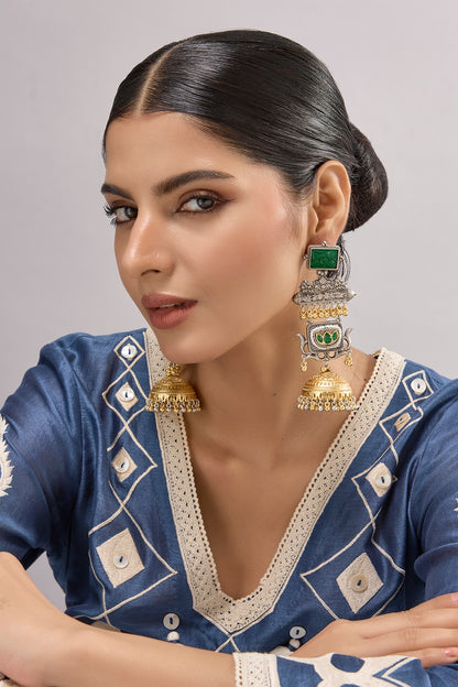 Two-Tone Finish Multi-Colored Stone Dangler Earrings