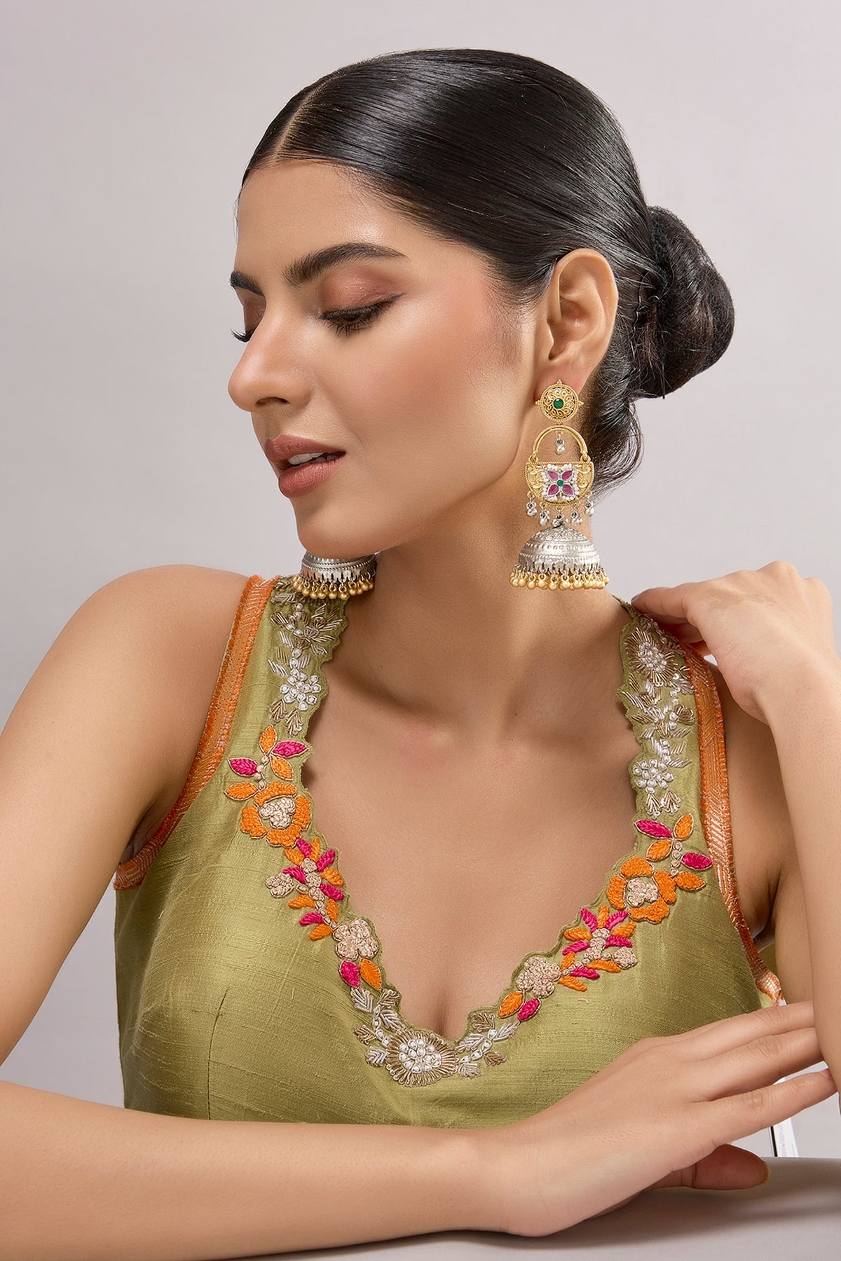 Two-Tone Finish Multi-Colored Stone Chandbali Earrings