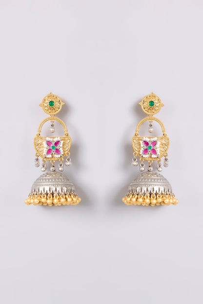 Two-Tone Finish Multi-Colored Stone Chandbali Earrings