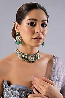 Gold Finish Kundan Polki & Emerald Stone Necklace Set
