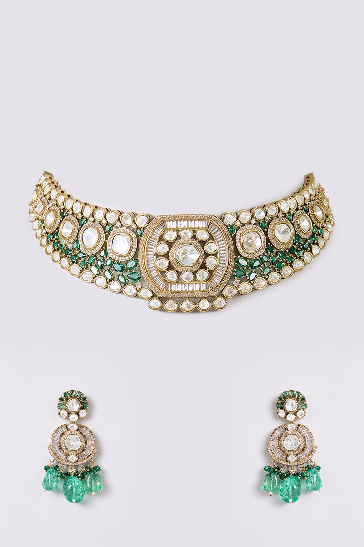 Gold Finish Kundan Polki & Emerald Stone Necklace Set