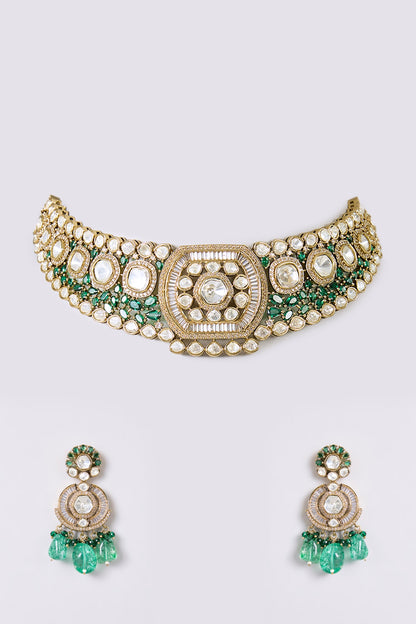 Gold Finish Kundan Polki & Emerald Stone Necklace Set