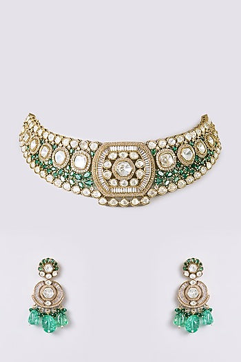 Gold Finish Kundan Polki & Emerald Stone Necklace Set
