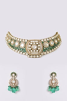 Gold Finish Kundan Polki & Emerald Stone Necklace Set