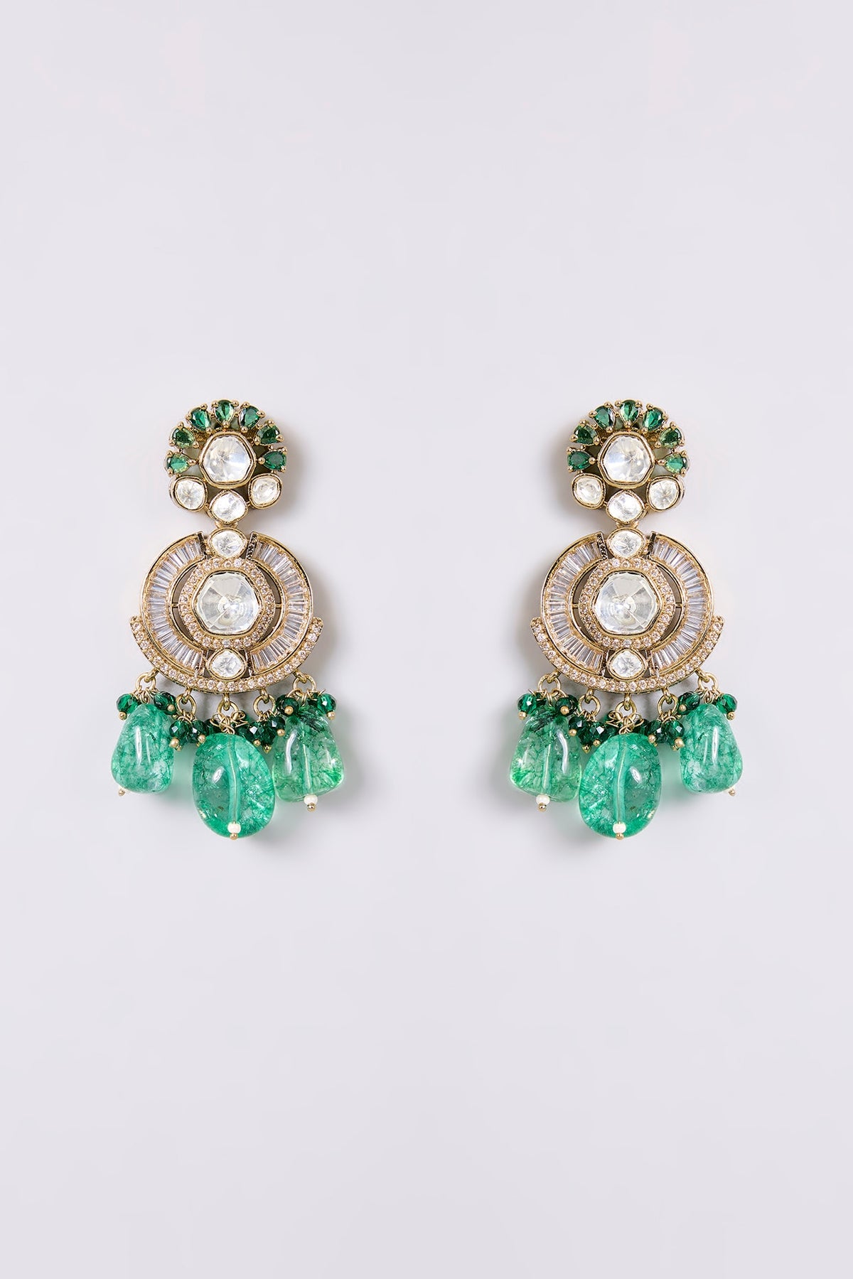 Gold Finish Kundan Polki & Emerald Stone Necklace Set