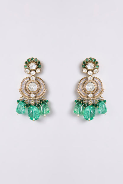 Gold Finish Kundan Polki & Emerald Stone Necklace Set