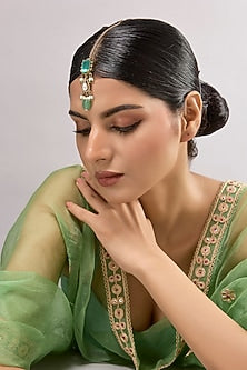 Gold Finish Kundan Polki & Green Stone Maangtikka