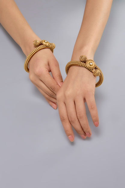 Gold Finish Kundan Polki Bangles (Set Of 2)