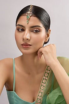 Gold Finish Kundan Polki & Green Stone Maangtikka