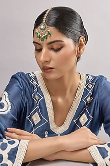 Gold Finish Kundan Polki & Green Stone Maangtikka