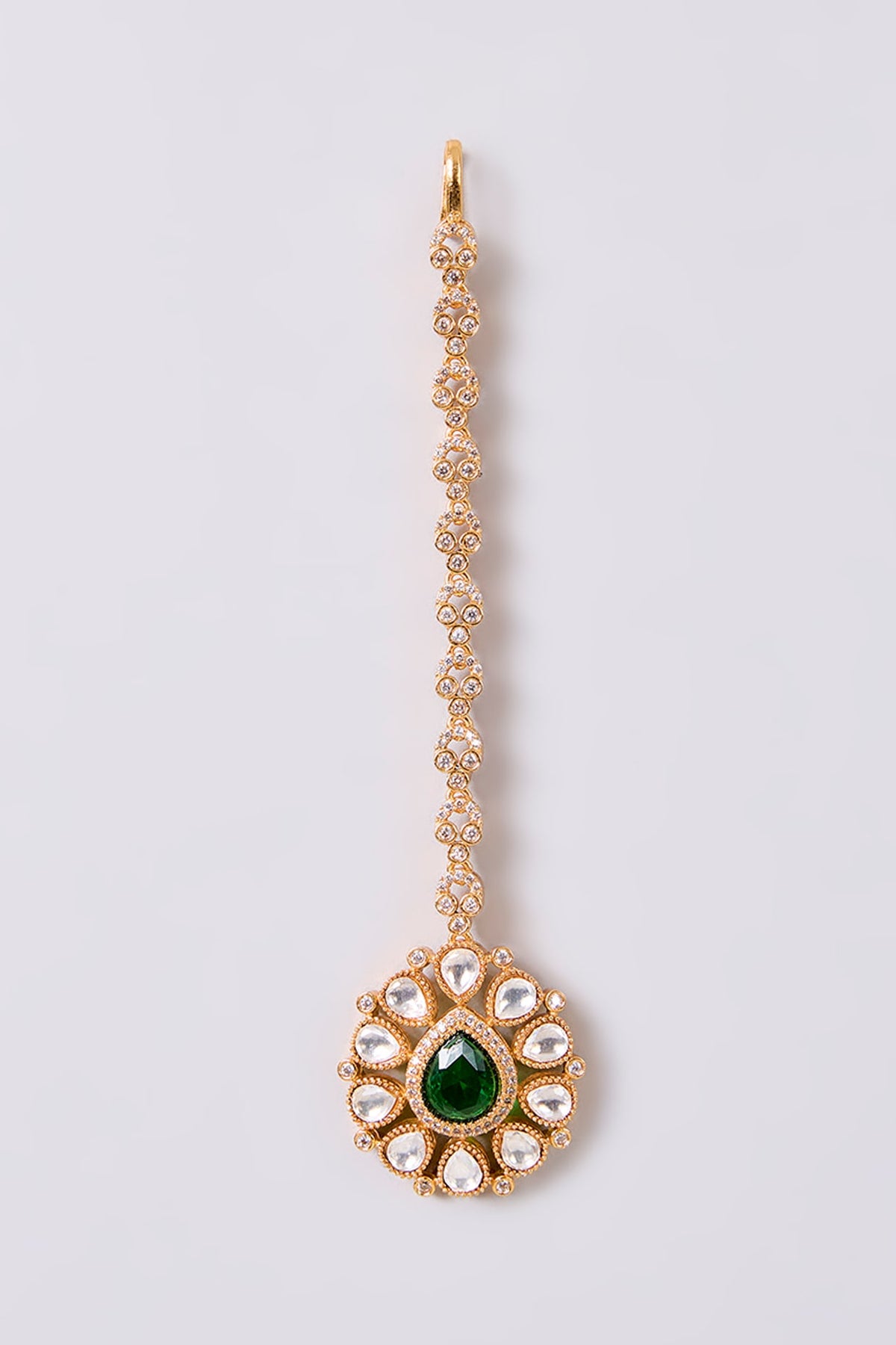 Gold Finish Kundan Polki & Green Stone Maangtikka