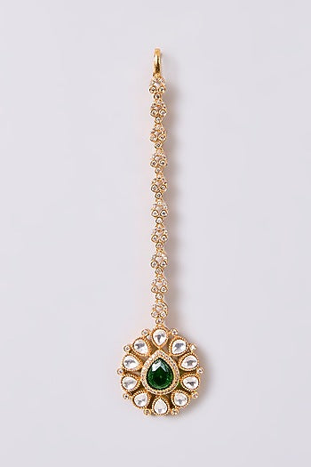 Gold Finish Kundan Polki & Green Stone Maangtikka