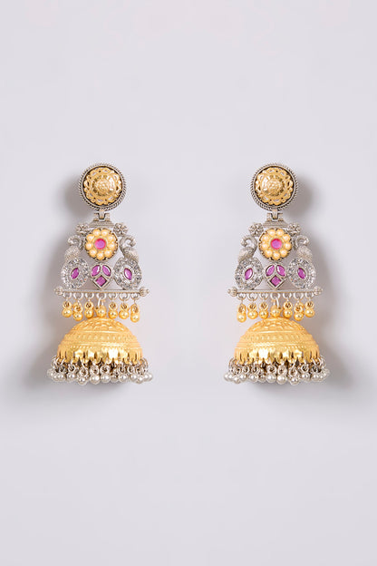 Two-Tone Finish Multi-Colored Stone Chandbali Earrings