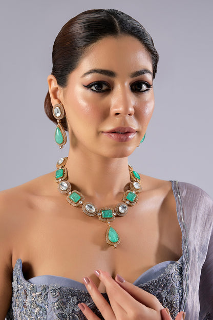 Gold Finish Kundan Polki & Green Stone Necklace Set