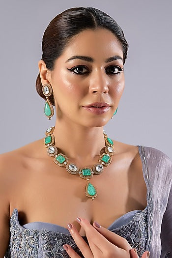 Gold Finish Kundan Polki & Green Stone Necklace Set