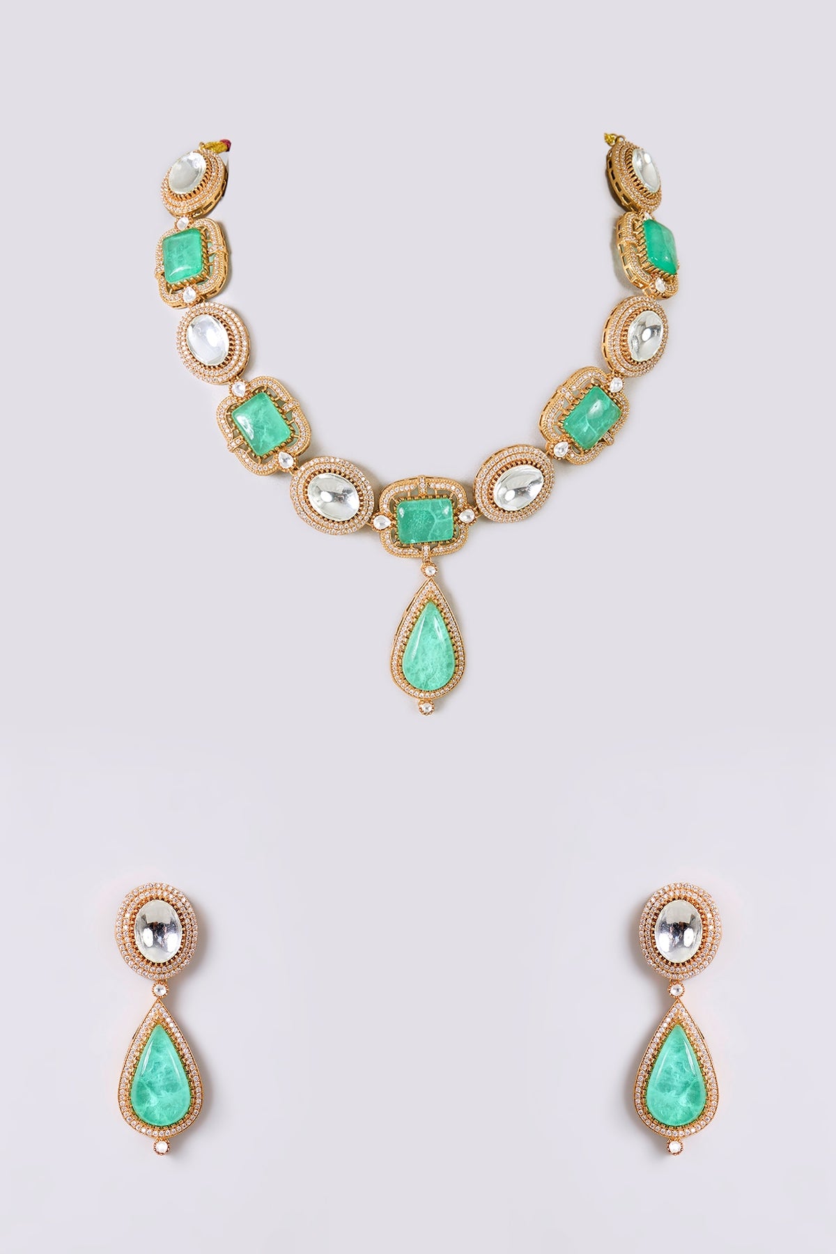 Gold Finish Kundan Polki & Green Stone Necklace Set