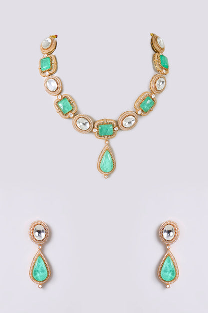Gold Finish Kundan Polki & Green Stone Necklace Set