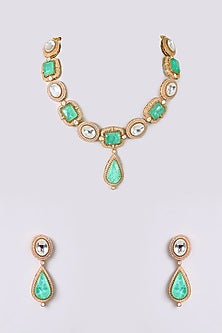Gold Finish Kundan Polki & Green Stone Necklace Set