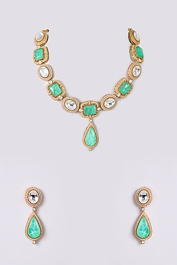 Gold Finish Kundan Polki & Green Stone Necklace Set